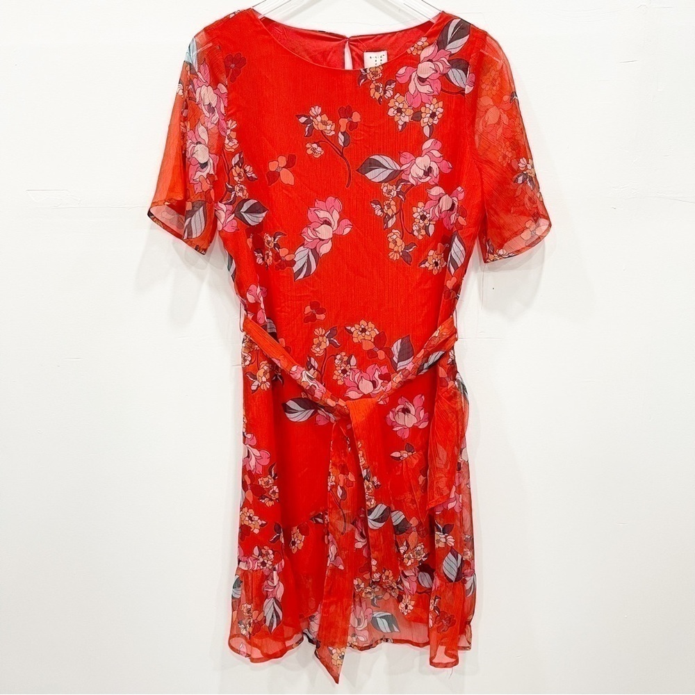 A New Day Floral Belted Short Sleeve Floral Dress in Red X-Small